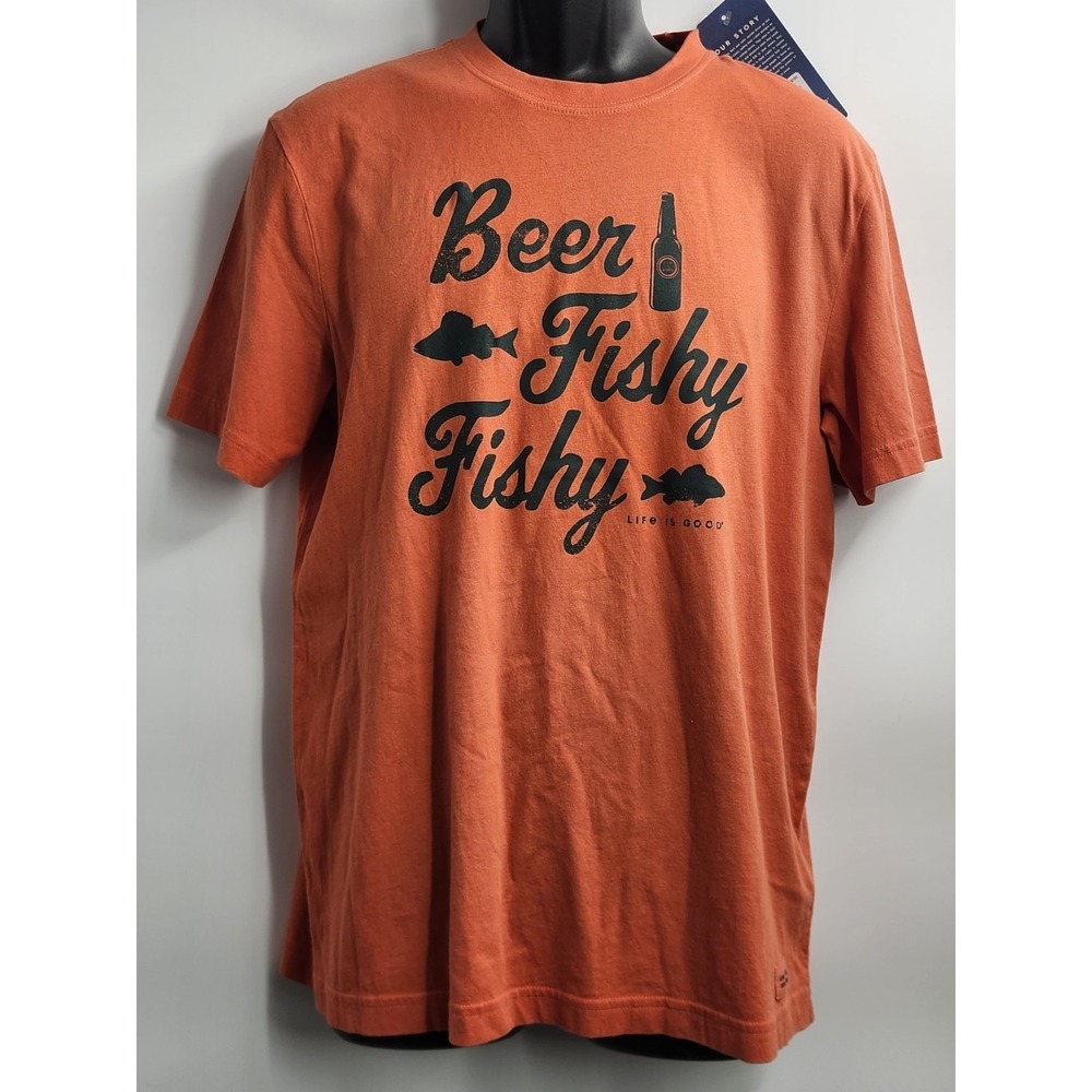 Life Is Good Crusher Lite Beer Fishy Fishy Orange Size Mens S NWT 100% Cotton